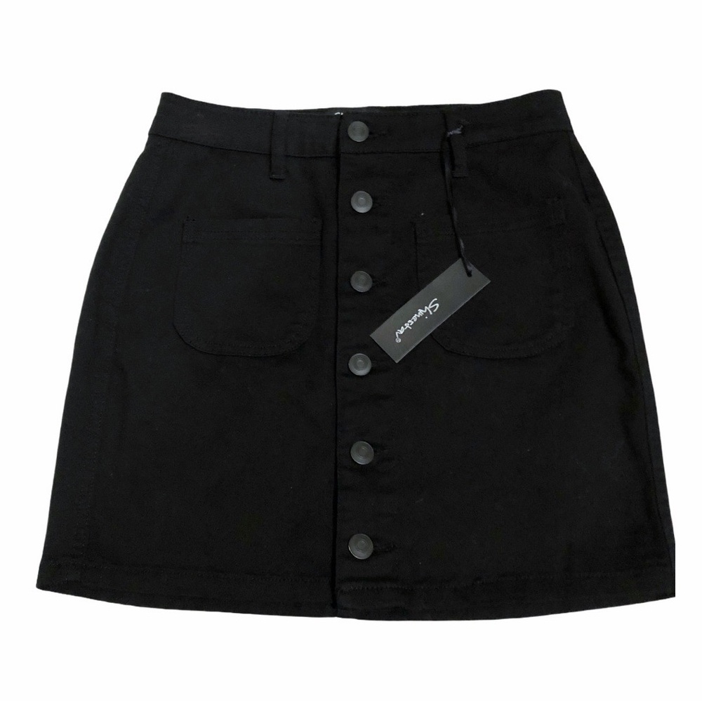NWT Shinestar Black Button Front Denim Mini Skirt Size Medium